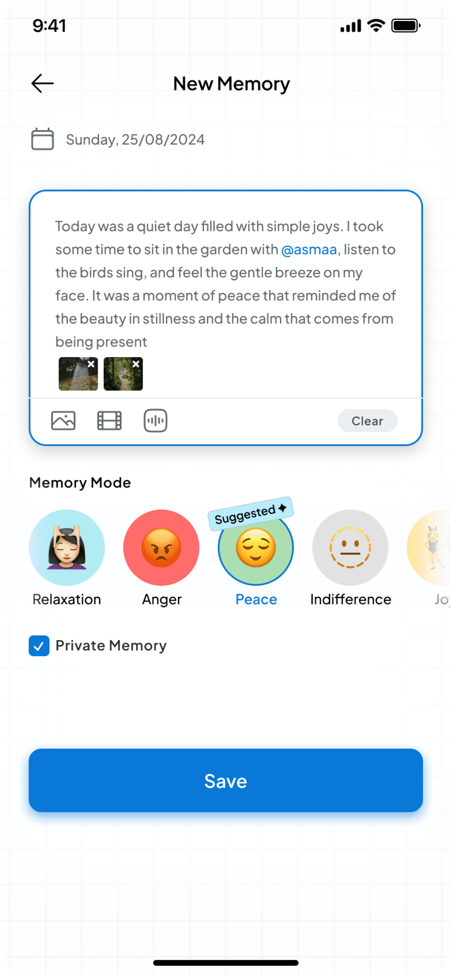واجهة إضافة ذكرى جديدة في MemoFly