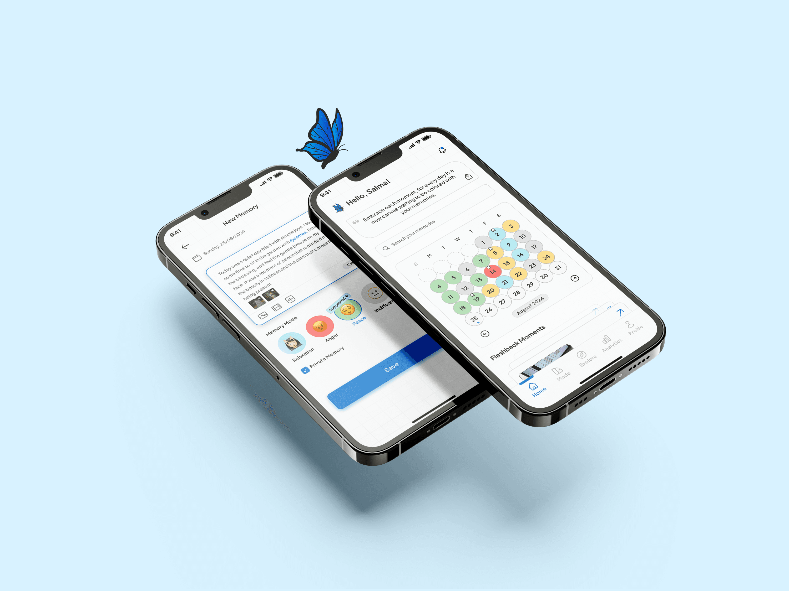 واجهات تطبيق MemoFly معروضة على نموذجين لهاتف ذكي