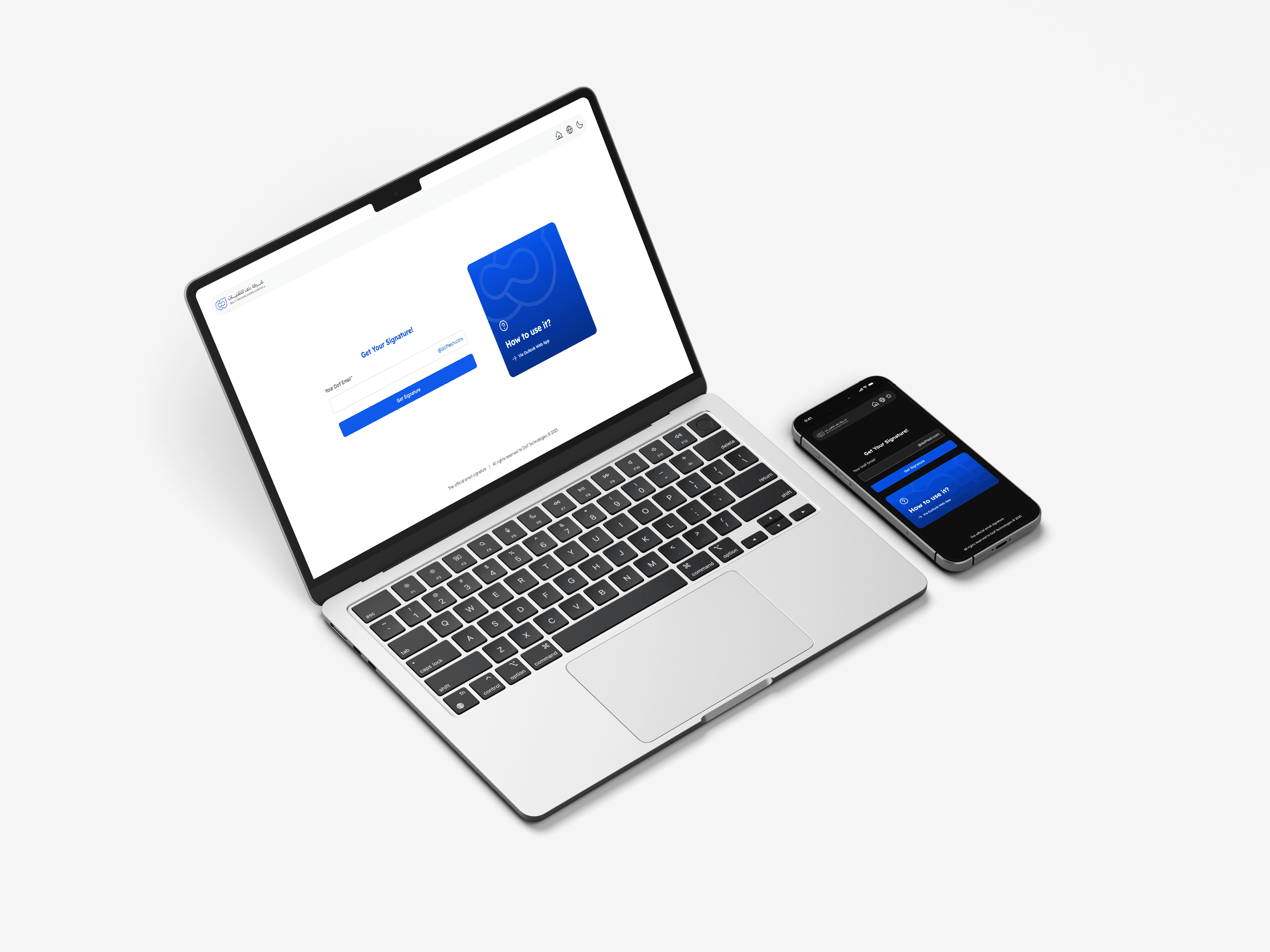 أداة Dolf Signature Generator معروضة على جهاز محمول وحاسب محمول